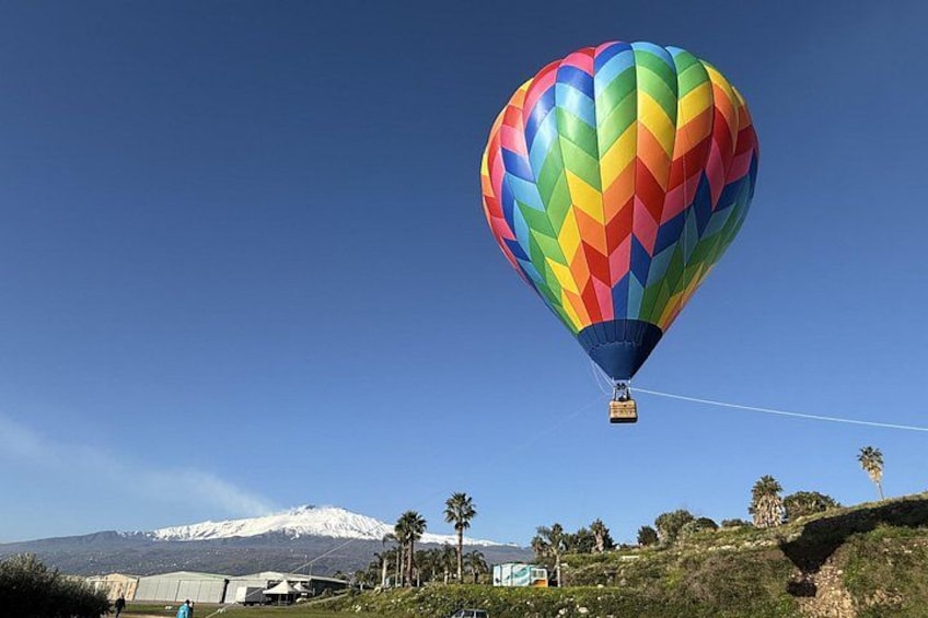 A colorful hot air balloon over a mountainous landscape with palm trees and a clear sky. 1