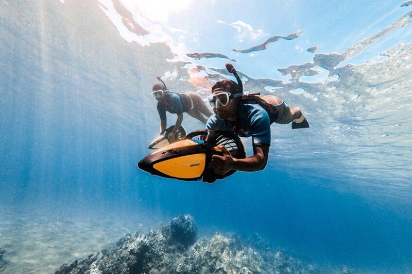Une personne pratiquant la plongée sous-marine avec une planche de plongée jaune et noire. 1