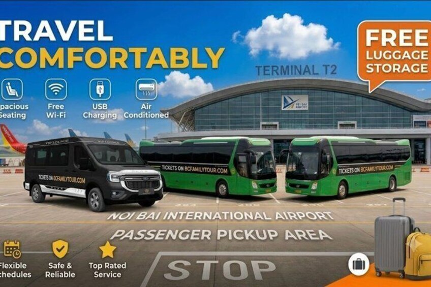 Ein Bustransfer am internationalen Flughafen No Bai mit Annehmlichkeiten wie großzügigen Sitzen, kostenlosem WLAN, USB-Ladeanschlüssen und Klimaanlage. 1