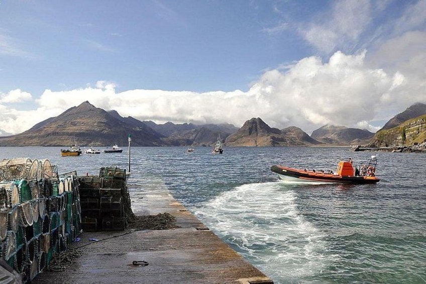 A coastal scene with a ferry moving towards a dock, mountains in the background, and a clear sky. 2