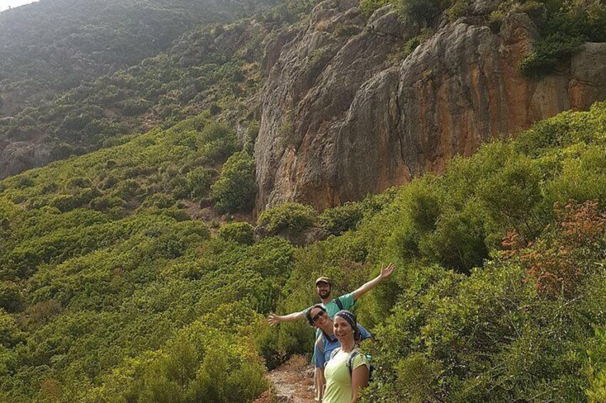 A mountainous landscape with dense green vegetation and a rocky cliff. 3