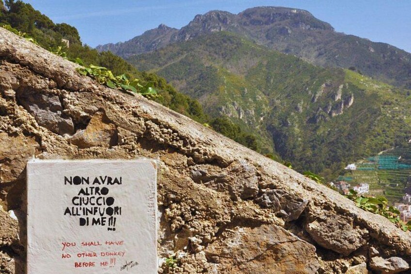 A sign on a rocky hillside with a mountainous landscape in the background. 2