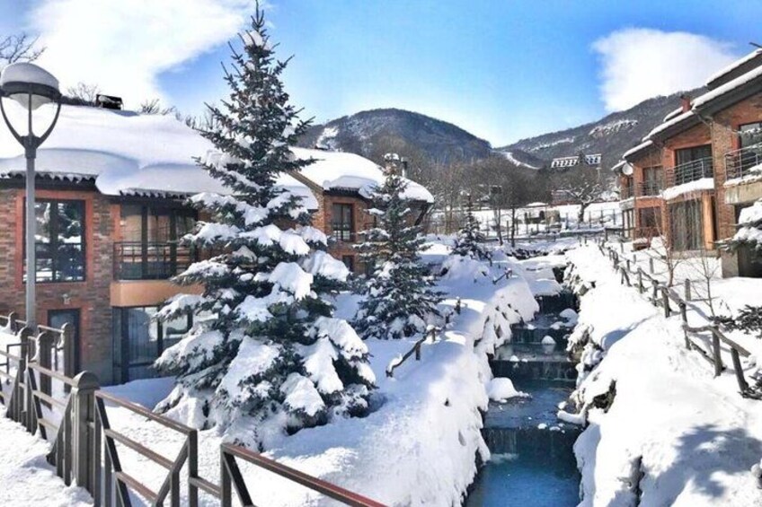 Un villaggio montano innevato con edifici, un albero ricoperto di neve e un ruscello. 1
