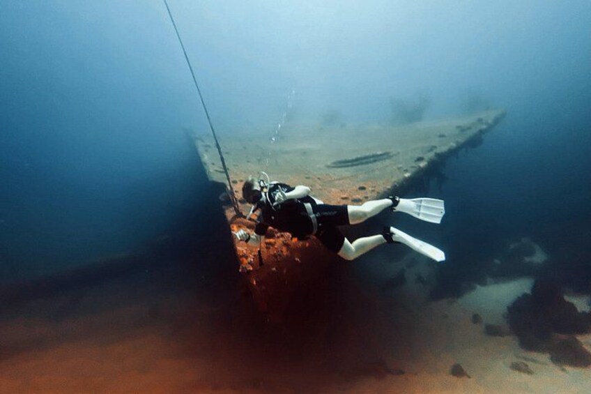 A diver underwater near a rusted shipwreck. 2