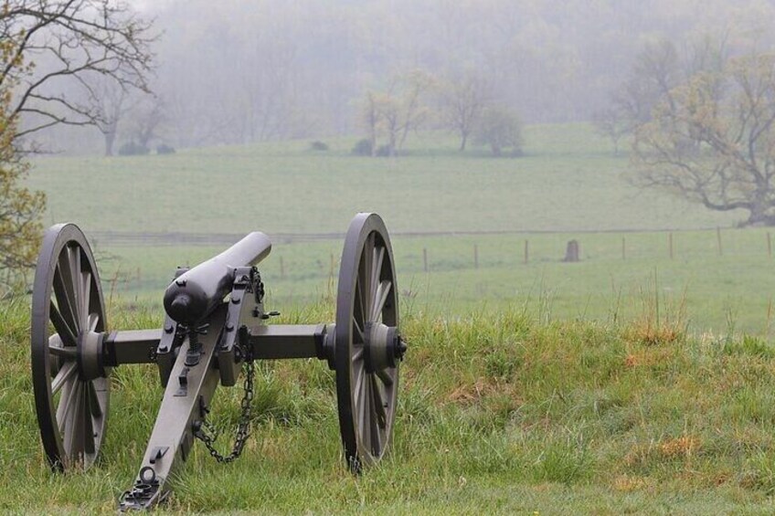 Un cañón en un campo cubierto de hierba con una valla al fondo. 1