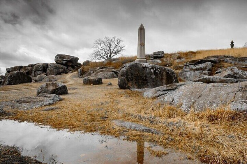 Un monumento sobre una colina rocosa con un árbol y un charco. 3