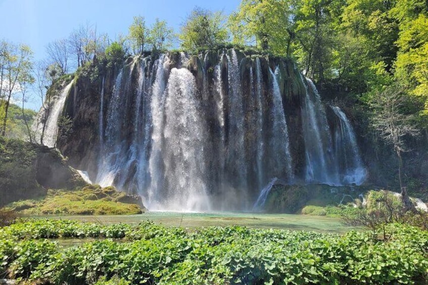 A waterfall cascading over a cliff surrounded by lush greenery. 1