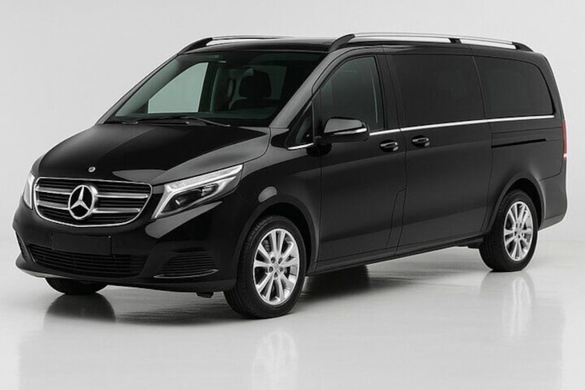 A black Mercedes-Benz minivan with alloy wheels, a sunroof, and a sleek design. 3