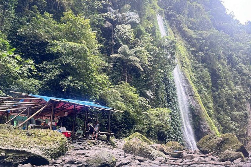 A waterfall, a small shelter, and lush greenery. 4