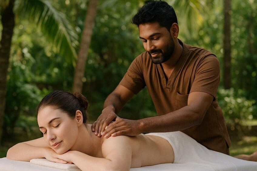 A person receiving a massage in a lush, green outdoor setting. 1