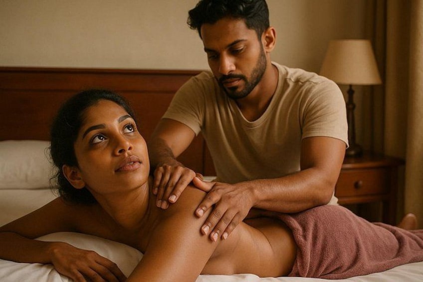 A person lying on a bed receiving a massage from another person. 4