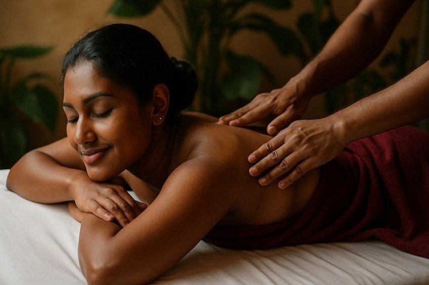 A person receiving a massage, with hands on their back, in a room with a plant in the background. 3