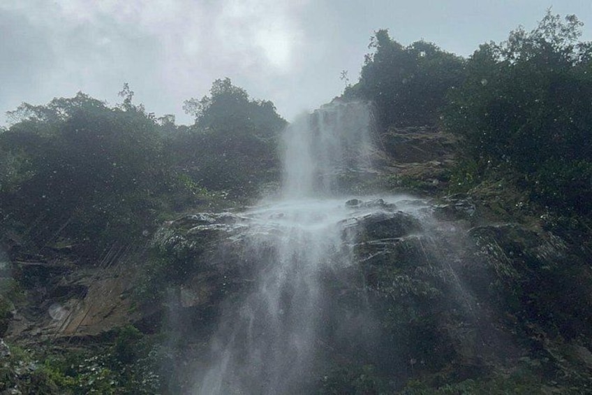 Een waterval die over rotsen stroomt in een bebost gebied. 5