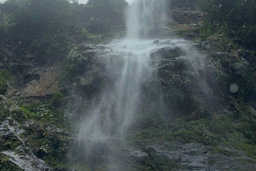Een waterval die over rotsen stroomt in een bebost gebied. 1