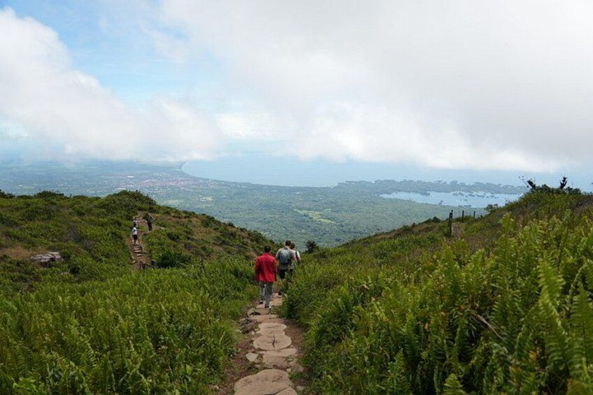 A hiking trail with lush greenery and a distant view of a lake and city. 1
