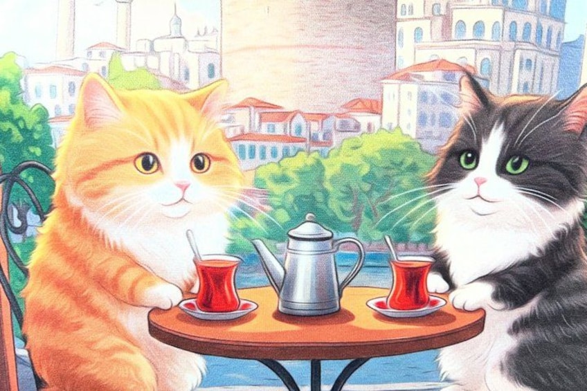 Zwei Katzen sitzen an einem Tisch mit Tassen und einem Teekessel. 3