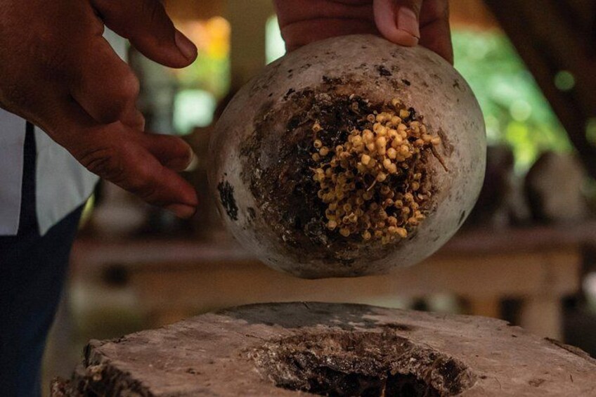 A person holding a round object with a rough texture, possibly a stone or a ball, with a dark interior and some yellowish material inside. 2