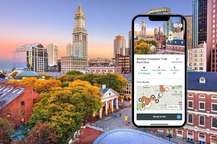 A smartphone displaying the Boston Freedom Trail app with a cityscape background. 1
