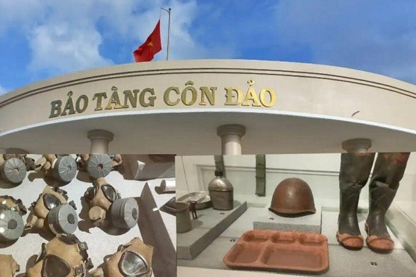 A building with the inscription 'BÀO TÀNG CÔN ĐÀO' and a flag. 2