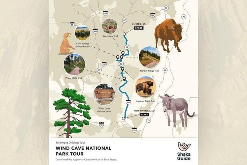 A Midwest Driving Tour map with Wind Cave National Park. 5