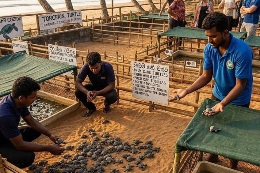 People handling turtles in a sandy enclosure with signs in multiple languages. 3