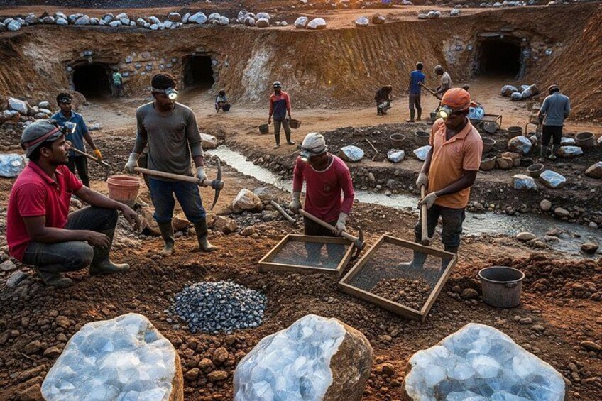 Workers at a mining site with large rocks and a trench. 2