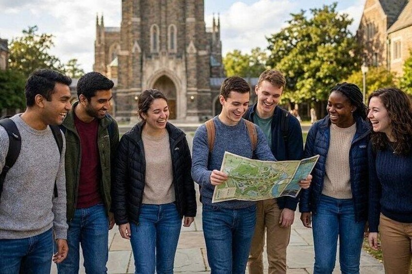 A group of people standing outdoors, one holding a map. 1