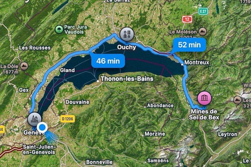 A map with travel times between cities, including Geneva, Ouchy, and Montreux. 2