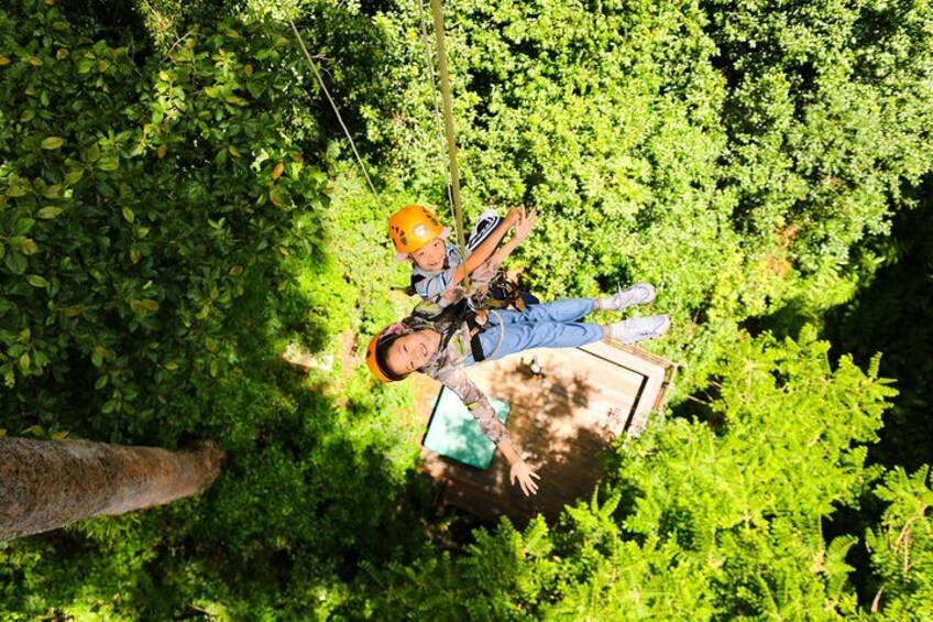 Eine Person saust an einer Seilrutsche durch einen Wald. 4
