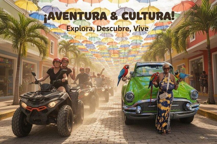 Una calle con vehículos todo terreno, un coche clásico y sombrillas coloridas. 1