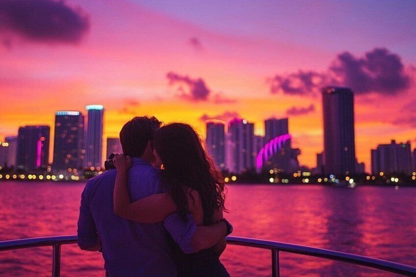 Una coppia si abbraccia su una barca, con sullo sfondo una skyline cittadina e un tramonto. 2