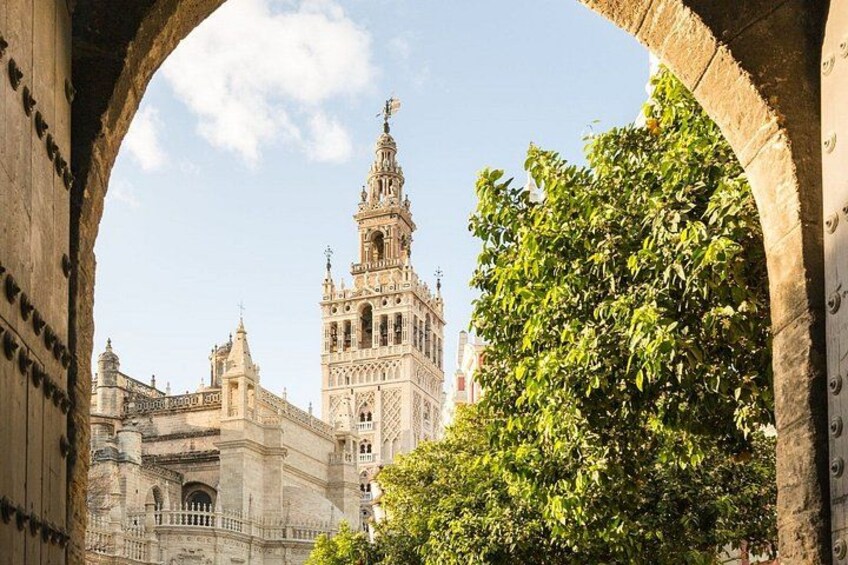 A historic building with a prominent tower, an archway, and lush greenery. 2