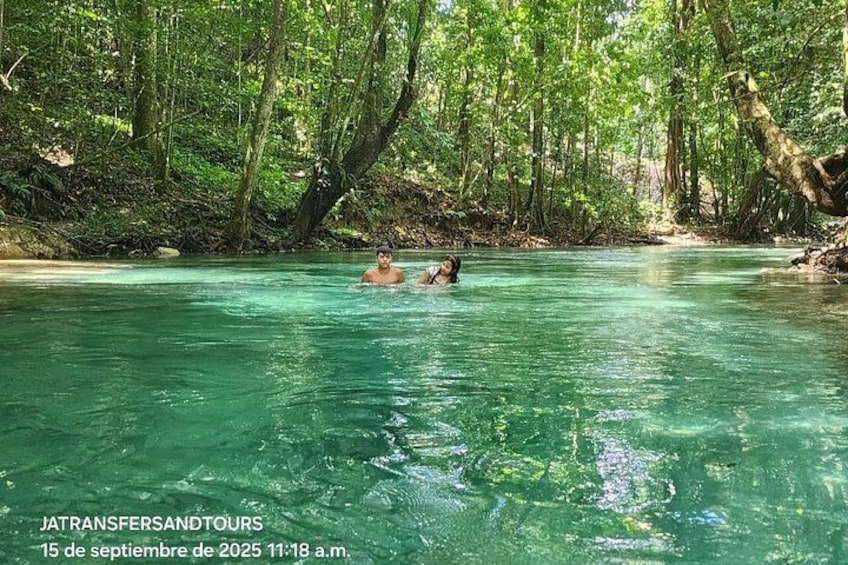 A river surrounded by dense forest, with two people swimming in the water. 1