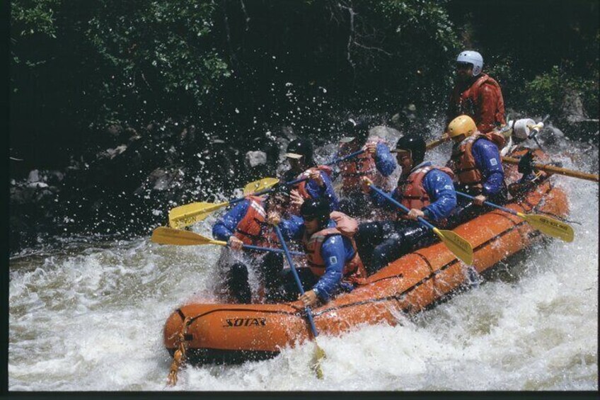 Un groupe de personnes à bord d’un radeau orange naviguant dans des rapides aux eaux tumultueuses. 5