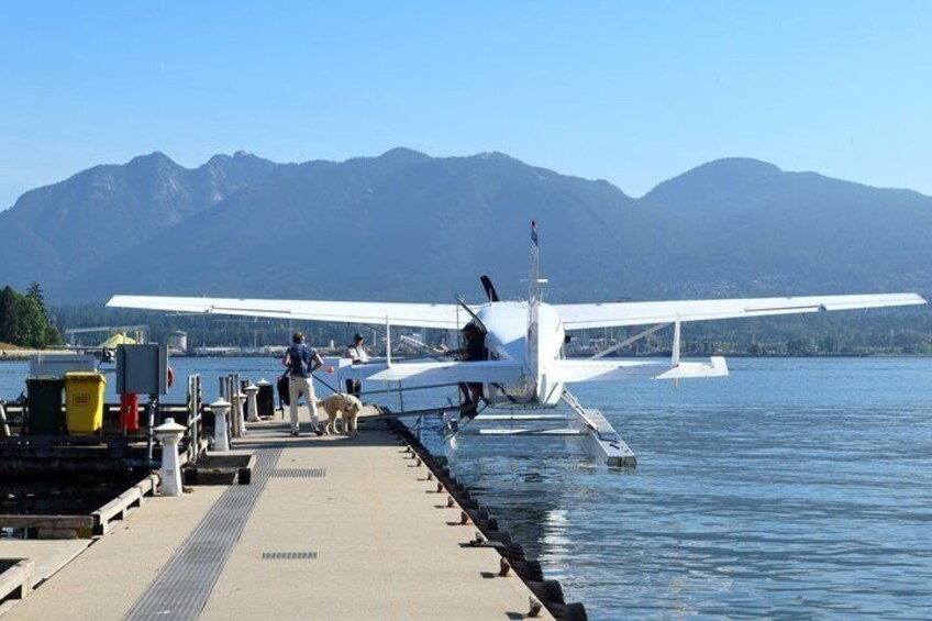 A seaplane on a dock with mountains in the background. 2