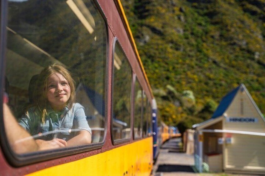 Un niño mirando por la ventana de un tren amarillo, con un paisaje montañoso cubierto de bosque al fondo. 3