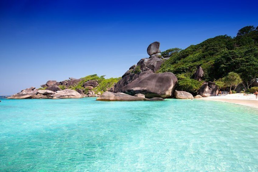 A turquoise beach with large boulders and lush greenery. 1