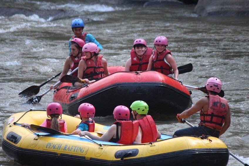 Un groupe de personnes fait du rafting sur une rivière, portant des gilets de sauvetage et des casques. 5