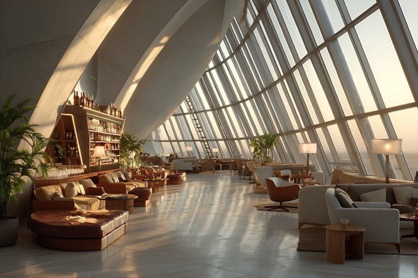 Eine großzügige Lounge mit moderner Einrichtung, einer Bar und großen Fenstern, die viel Tageslicht hereinlassen. 3