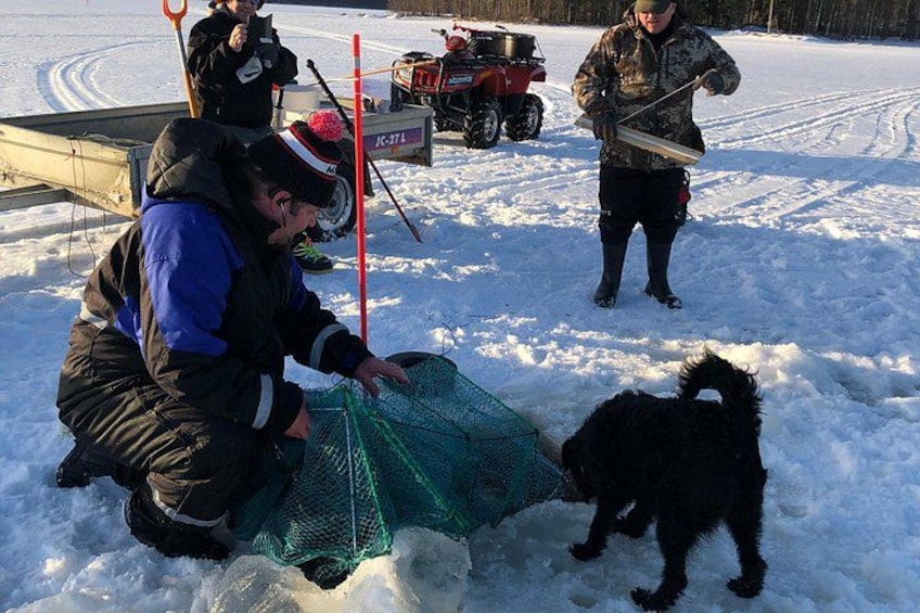 A snowy outdoor scene with people and a dog near a green net. 5