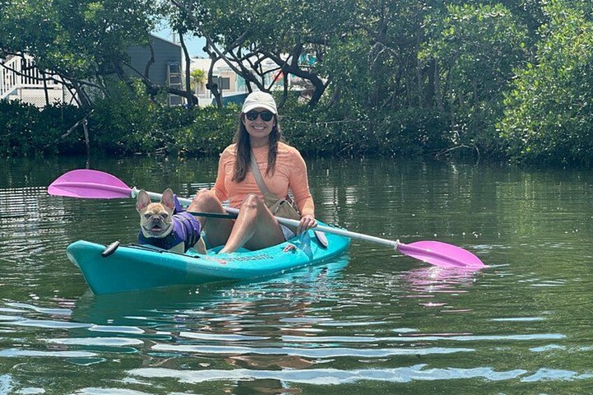A person in a kayak with a dog on a calm river surrounded by greenery. 2