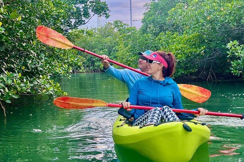 Two people kayaking in a green kayak on a river surrounded by mangrove trees. 4