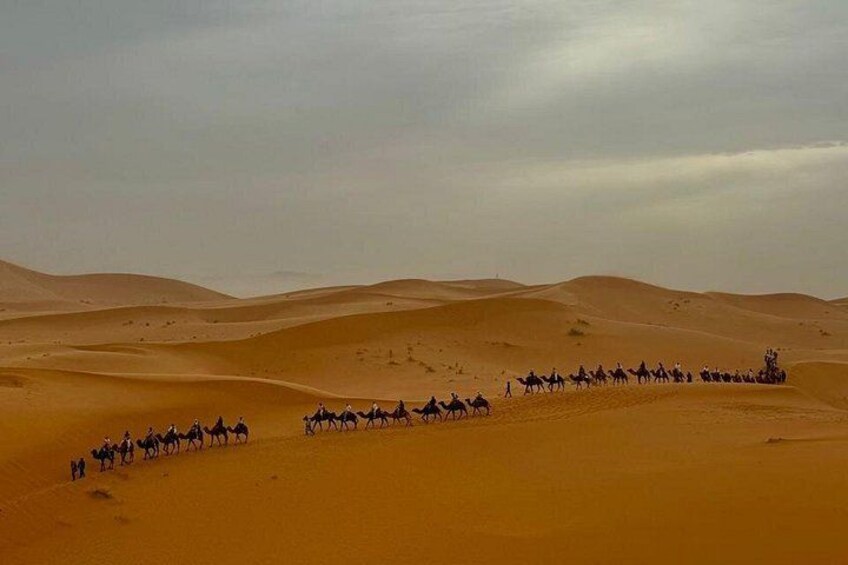 Een groep mensen die op kamelen door een woestijnlandschap rijdt, met uitgestrekte zandduinen. 1
