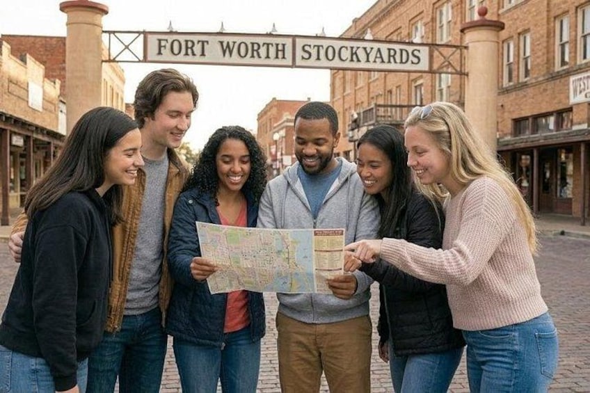 A group of people holding a map in front of a sign that reads 'FORT WORTH STOCKYARDS.' 1