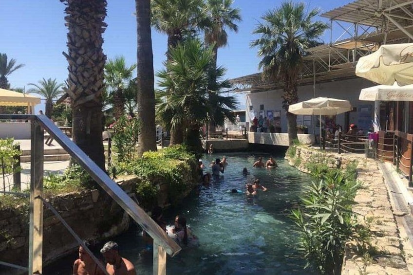 Una piscina con gente, palmeras y un edificio con terraza. 5