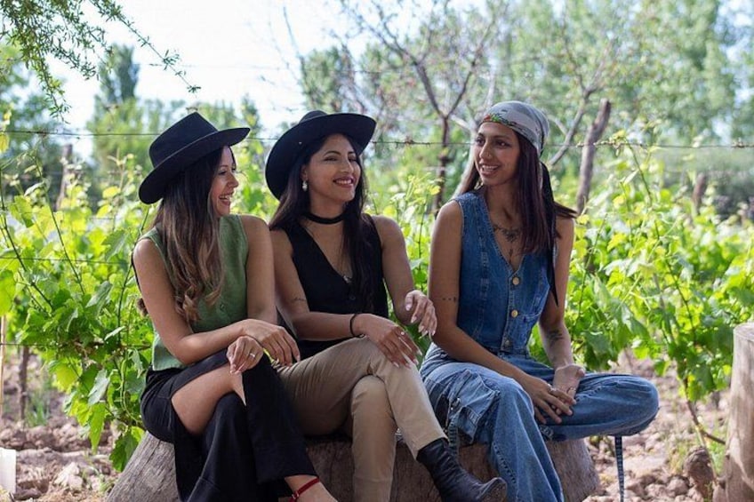Three people sitting on a bench in a vineyard. 2