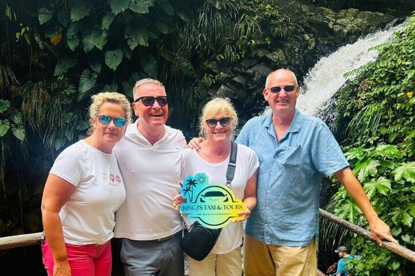 Four people standing in a lush, green area with a waterfall in the background. 4