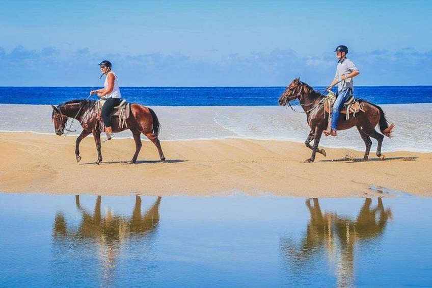 Due persone cavalcano cavalli su una spiaggia, con l'oceano sullo sfondo. 2