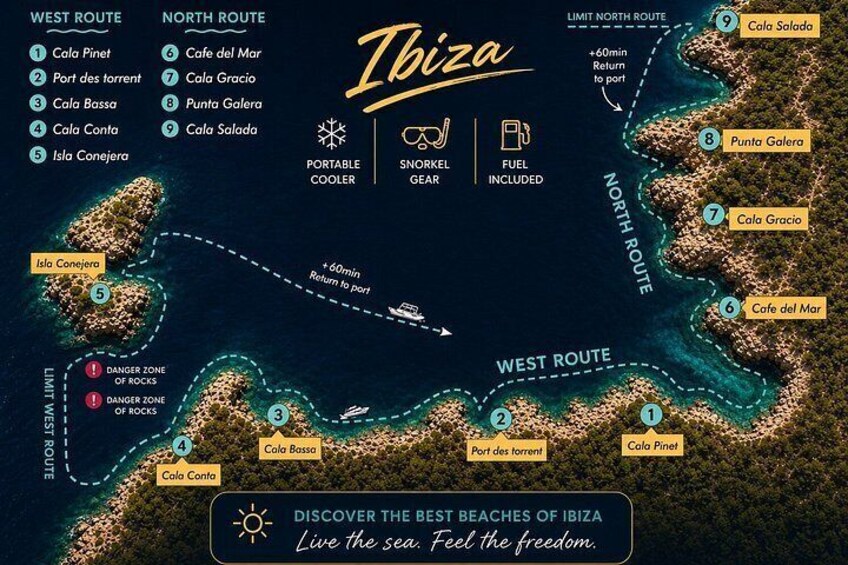 A map of Ibiza's West and North routes with marked stops like Cala Pinet, Port des torrents, and Cala Gracio. 5