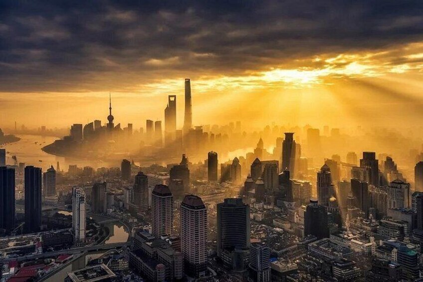 Un paisaje urbano con edificios altos, un río y un atardecer. 2